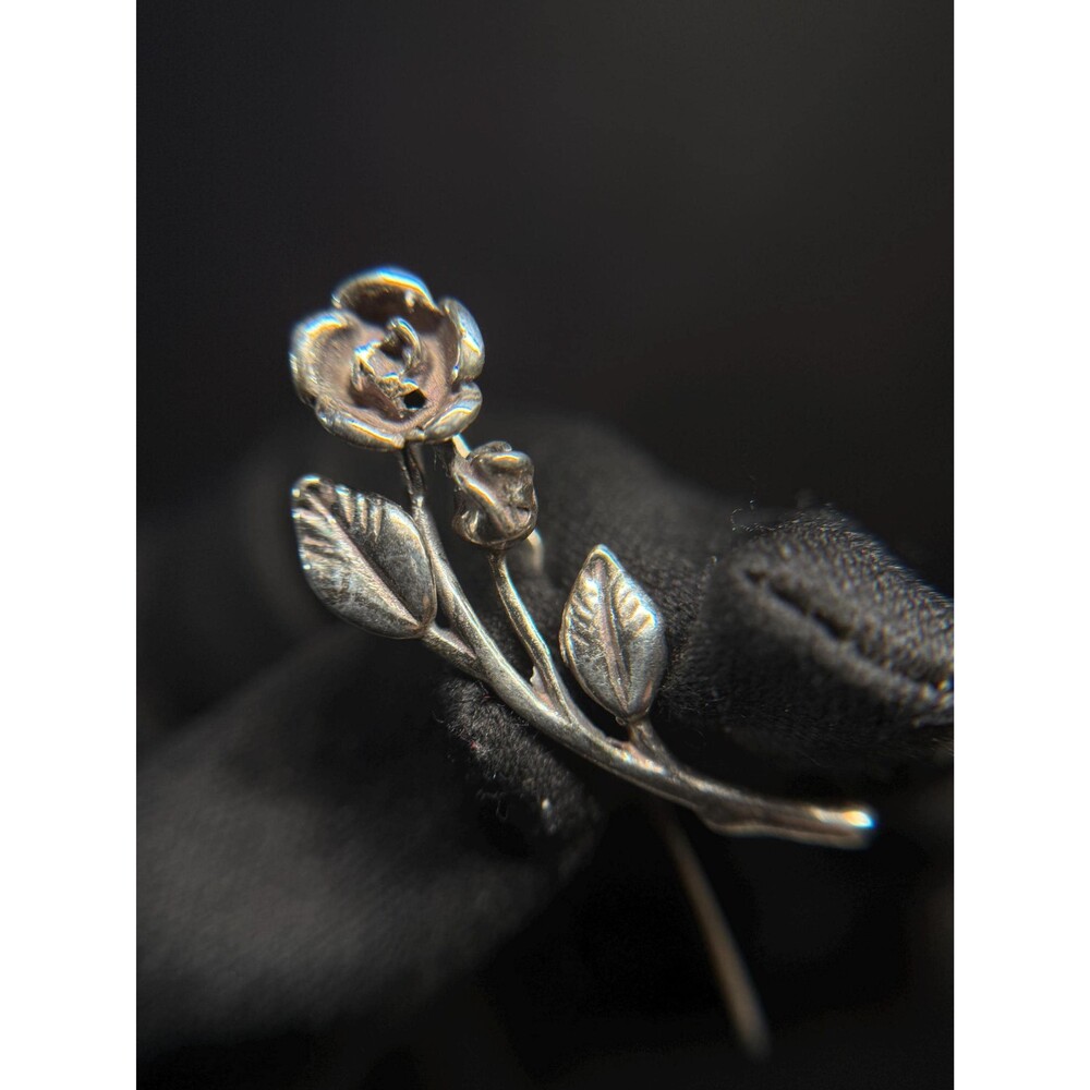 Vintage 800 Silver Rose Brooch Pin Long Stem Flower
